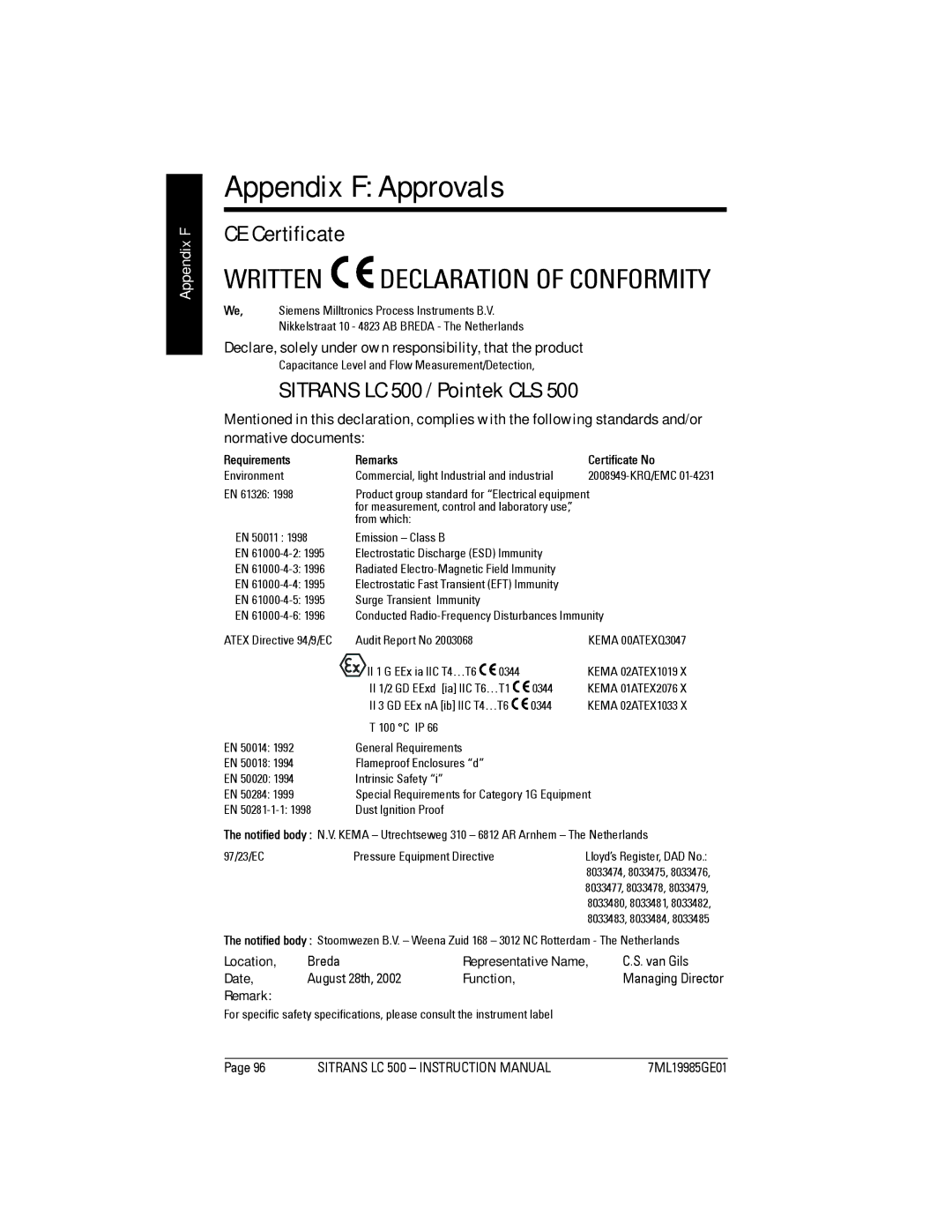 Siemens instruction manual Appendix F Approvals, CE Certificate, Sitrans LC 500 / Pointek CLS 