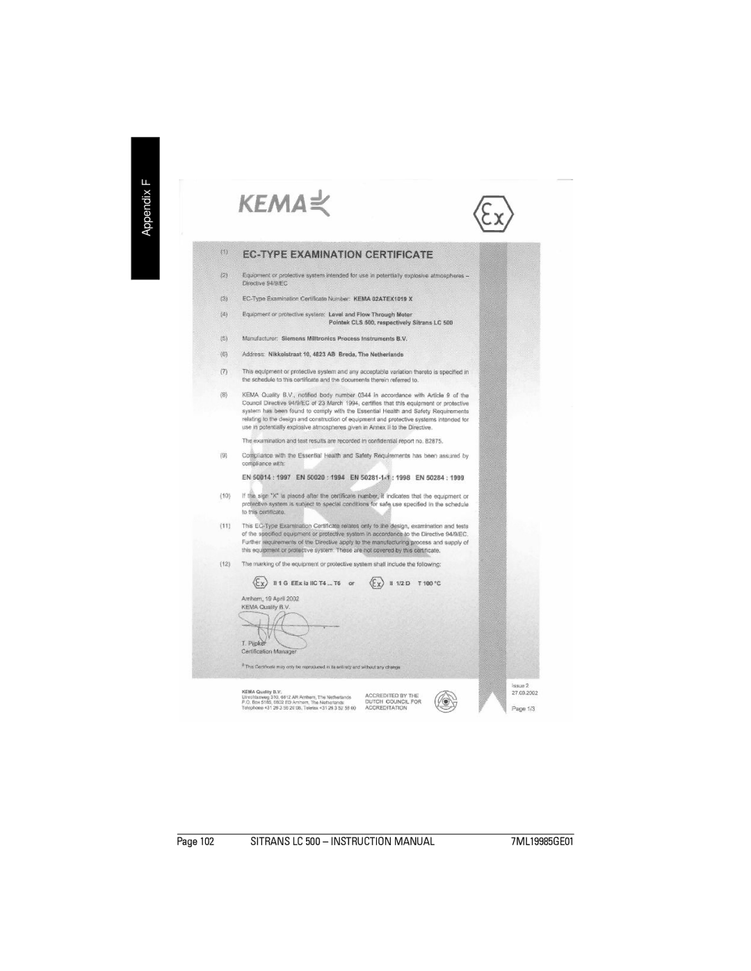 Siemens LC 500, Sitrans instruction manual Appendix F 