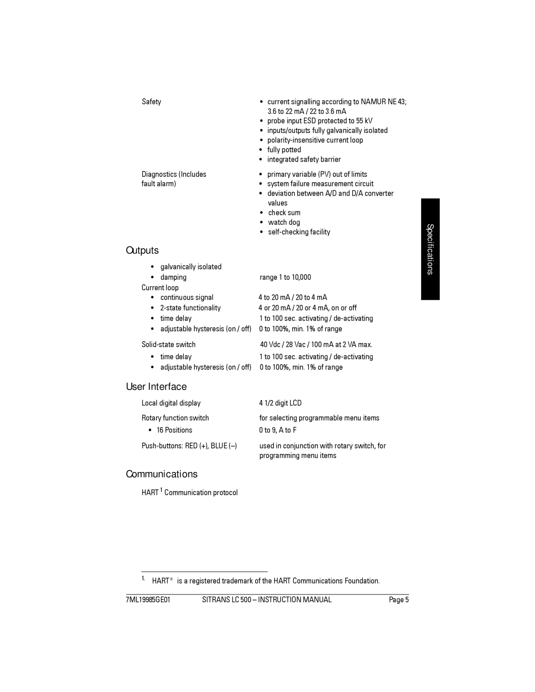 Siemens Sitrans, LC 500 instruction manual Outputs, User Interface, Communications 