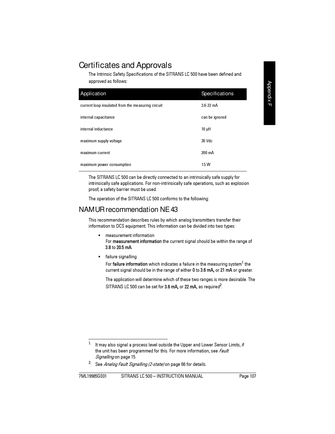 Siemens Sitrans, LC 500 instruction manual Certificates and Approvals, Namur recommendation NE, Application Specifications 