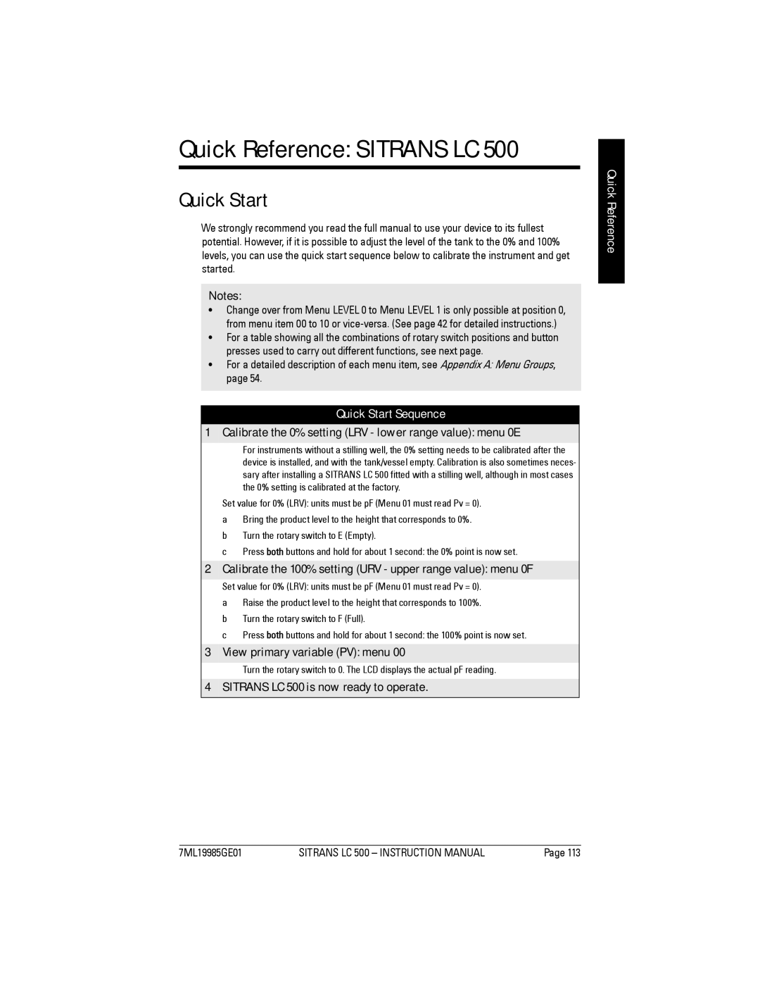 Siemens LC 500 instruction manual Quick Reference Sitrans LC 