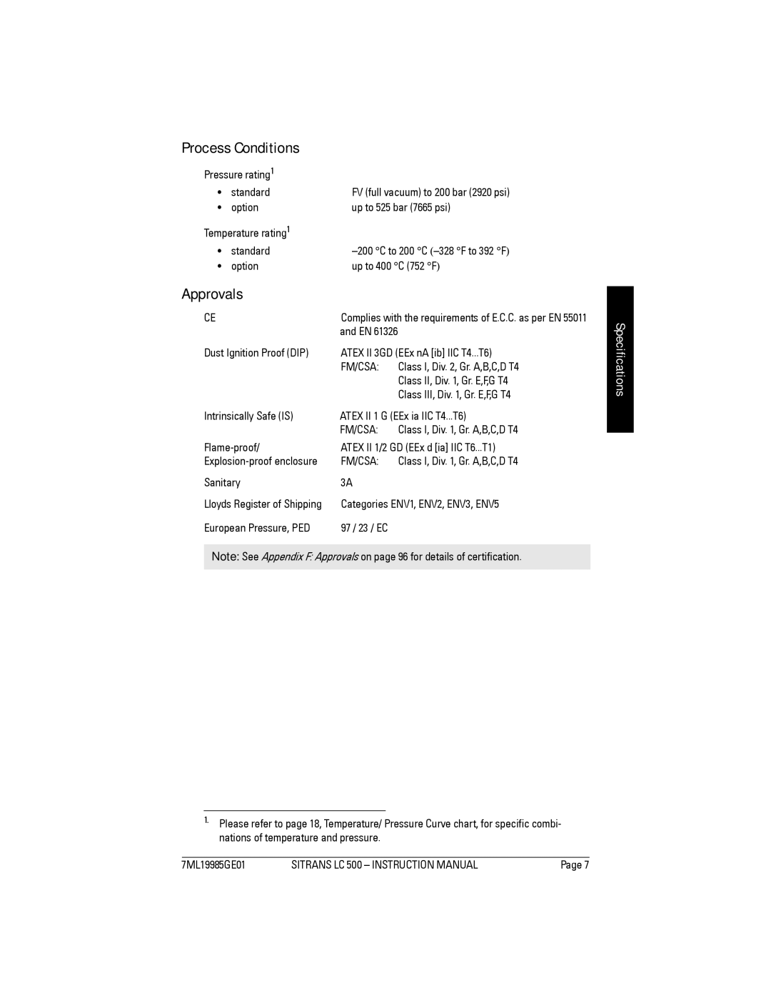 Siemens Sitrans, LC 500 instruction manual Process Conditions, Approvals 