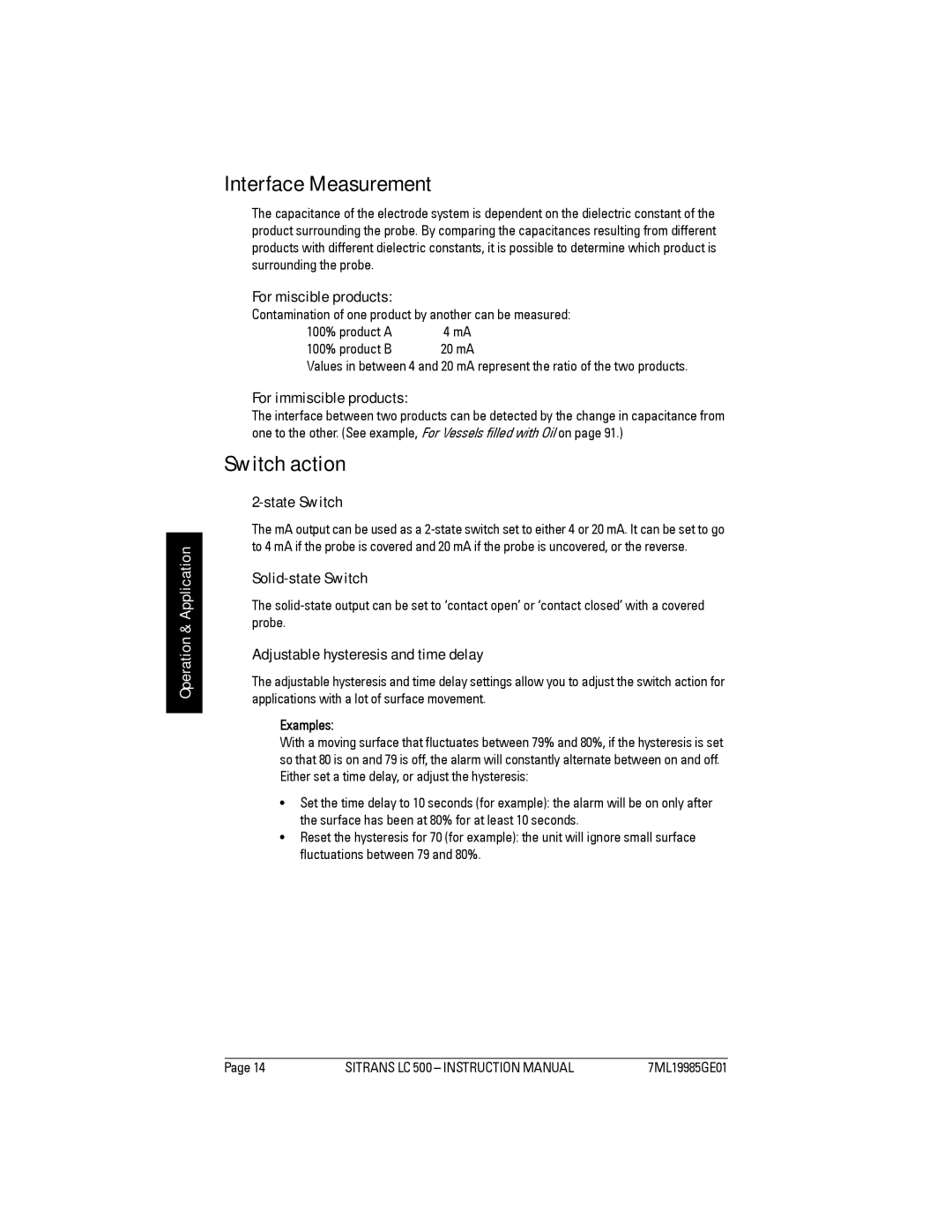 Siemens LC 500, Sitrans instruction manual Interface Measurement, Switch action 