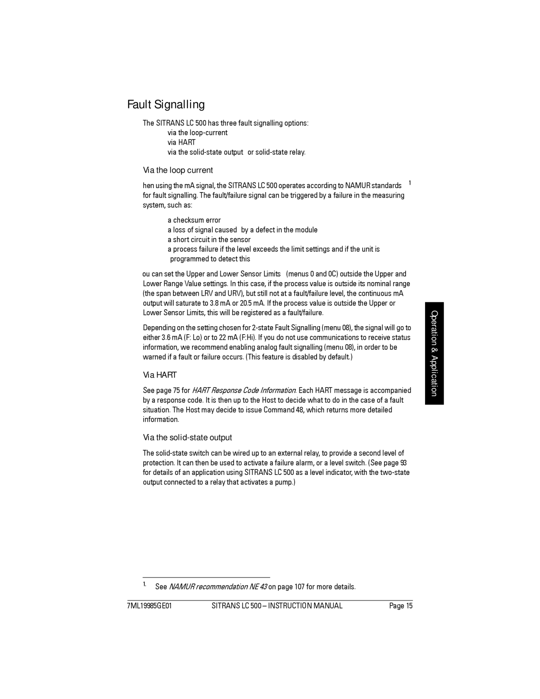 Siemens Sitrans, LC 500 instruction manual Fault Signalling, Via the loop current, Via Hart, Via the solid-state output 