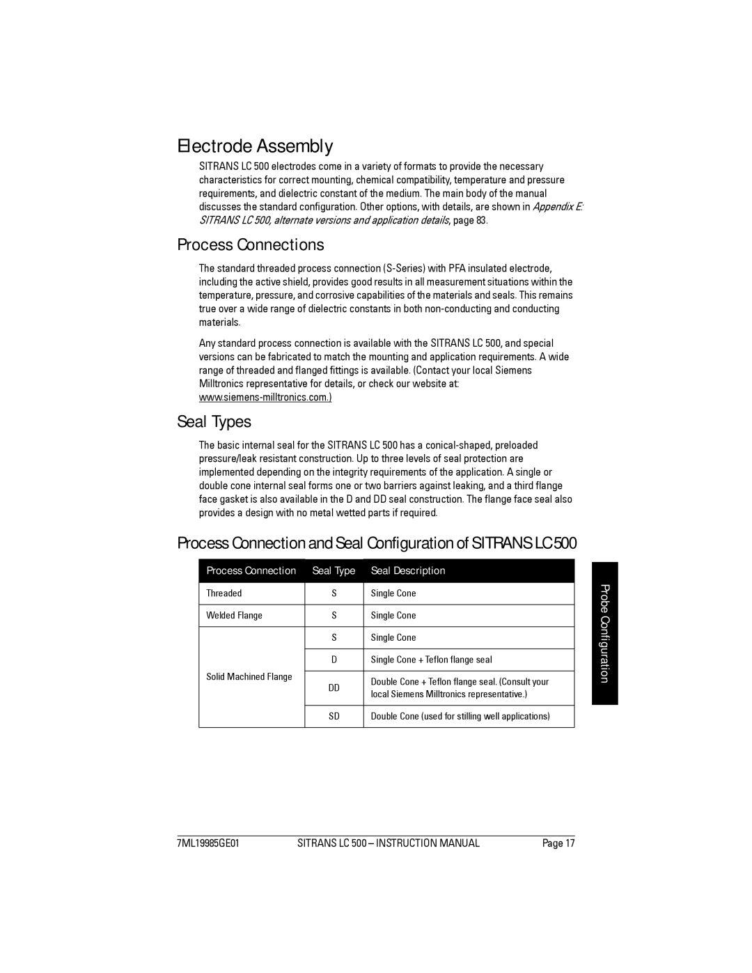Siemens Sitrans, LC 500 instruction manual Electrode Assembly, Process Connections, Seal Types 