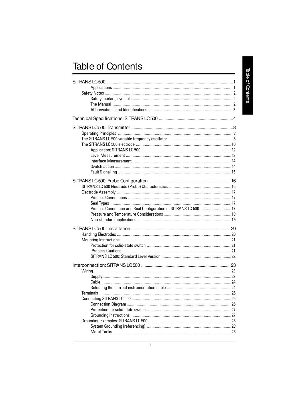 Siemens Sitrans, LC 500 instruction manual Table of Contents 