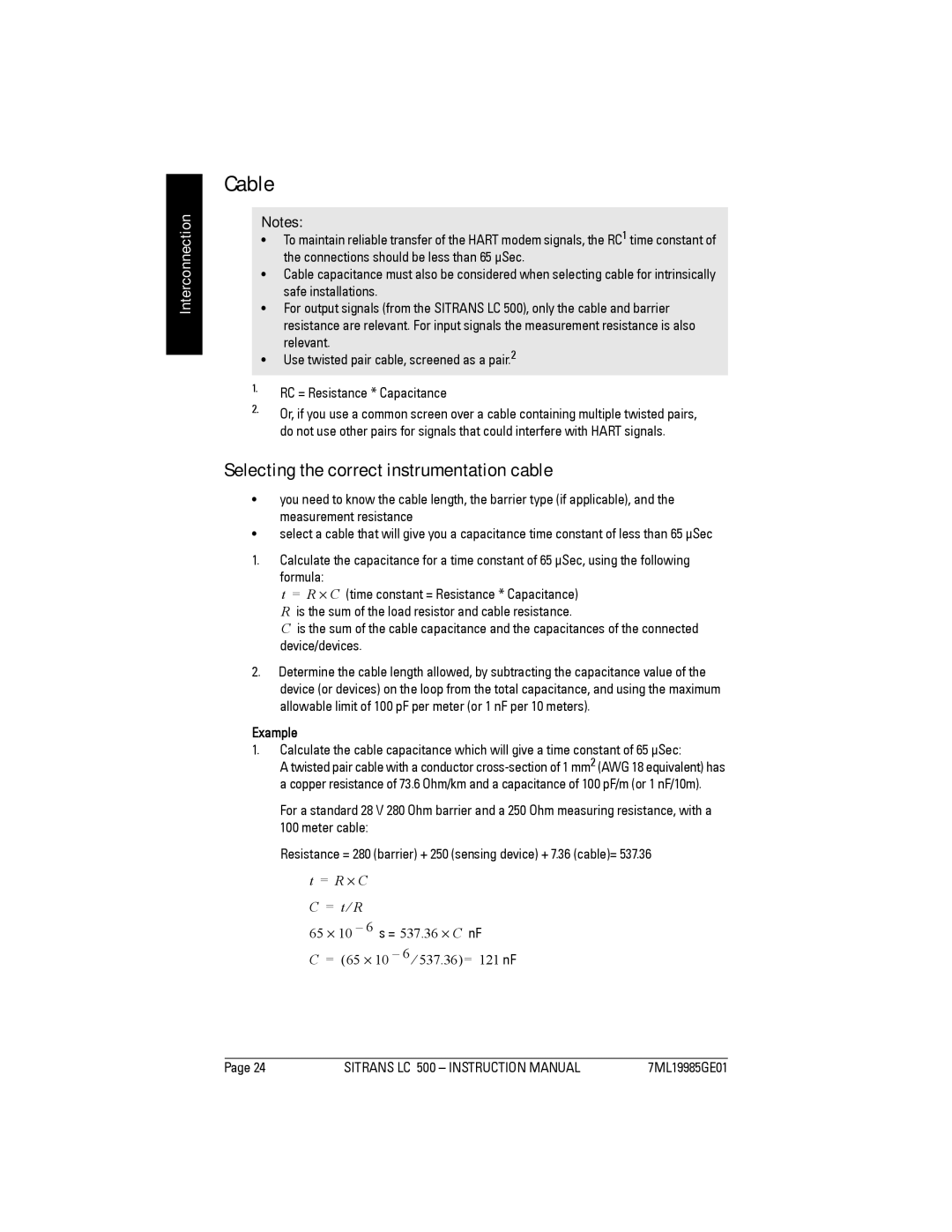 Siemens LC 500, Sitrans instruction manual Cable, Selecting the correct instrumentation cable 