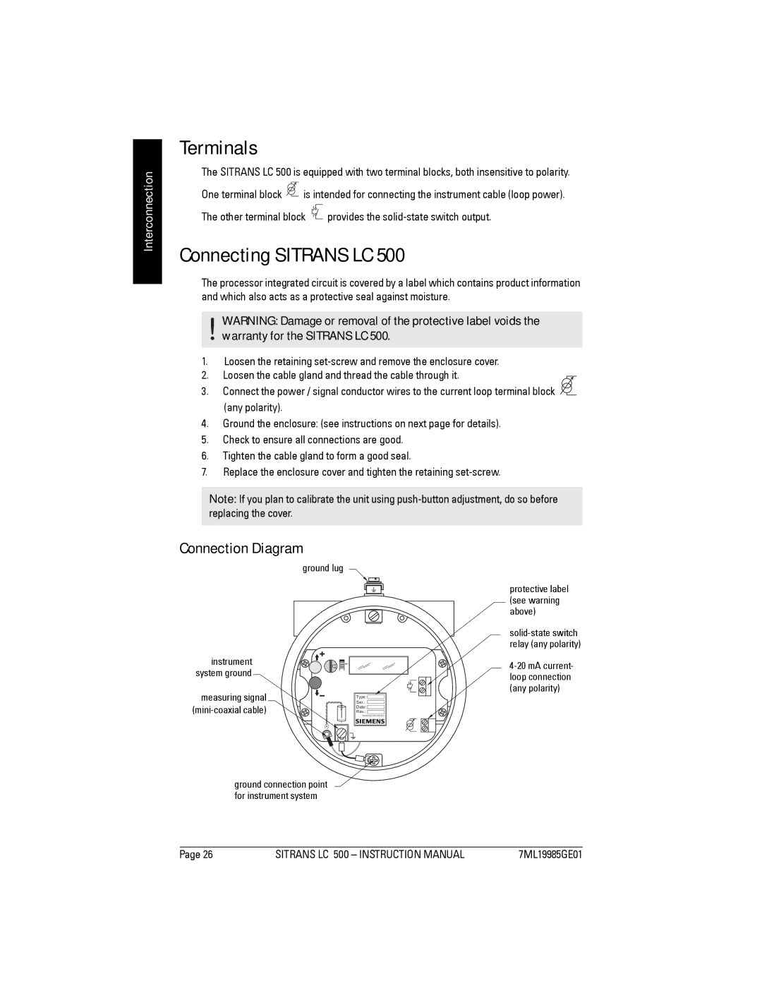 Siemens LC 500 instruction manual Terminals, Connecting Sitrans LC, Connection Diagram 