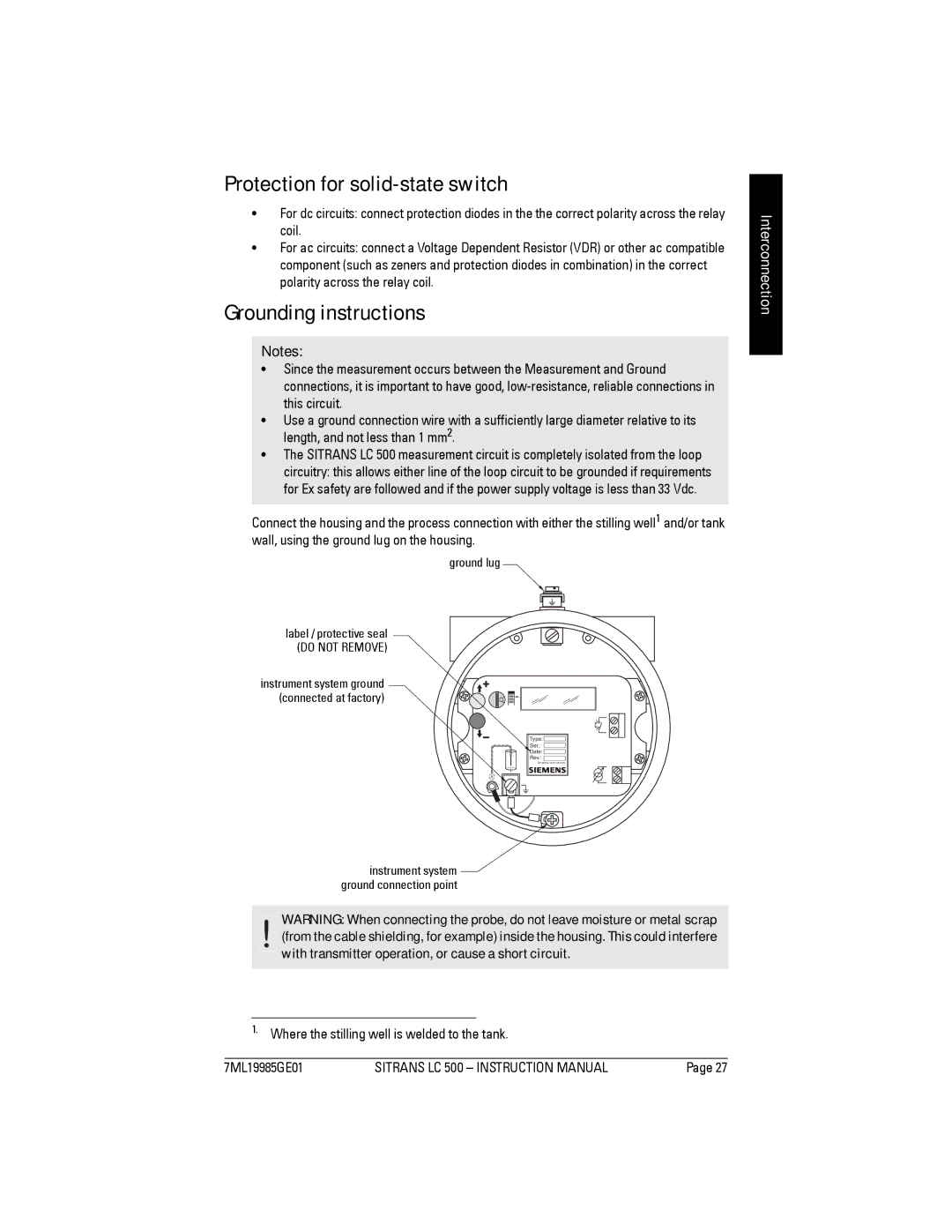 Siemens Sitrans, LC 500 Grounding instructions, Where the stilling well is welded to the tank 7ML19985GE01 