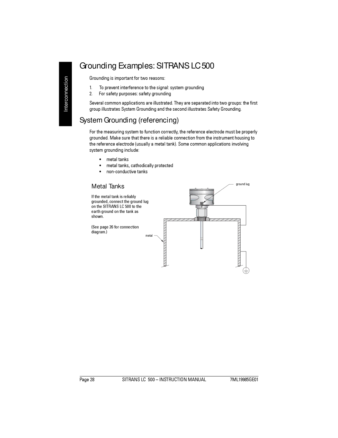 Siemens LC 500 instruction manual Grounding Examples Sitrans LC, System Grounding referencing, Metal Tanks 