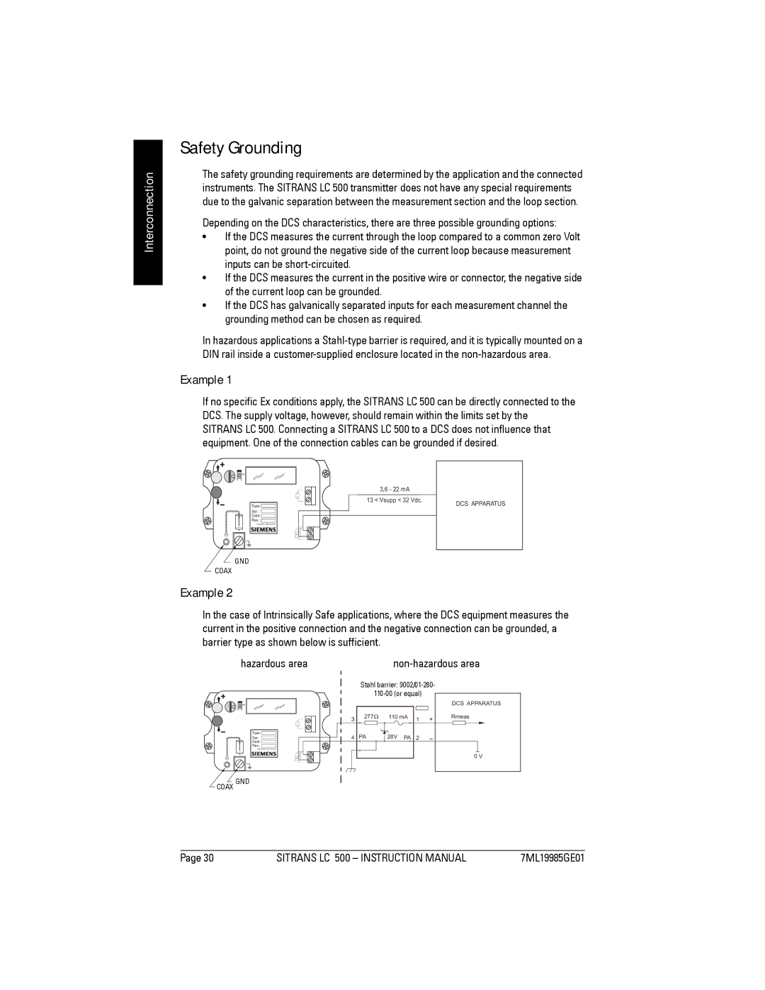 Siemens LC 500, Sitrans instruction manual Safety Grounding, Example 