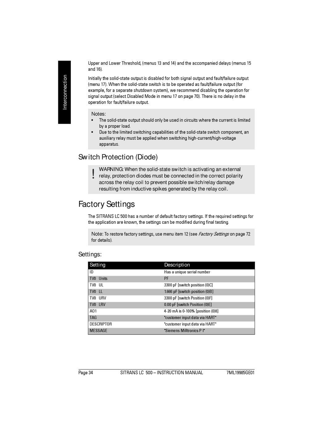 Siemens LC 500, Sitrans instruction manual Factory Settings, Switch Protection Diode, Setting Description 