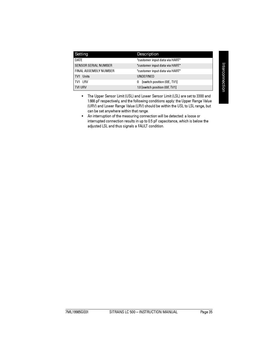 Siemens Sitrans, LC 500 instruction manual Setting, Interconnection 