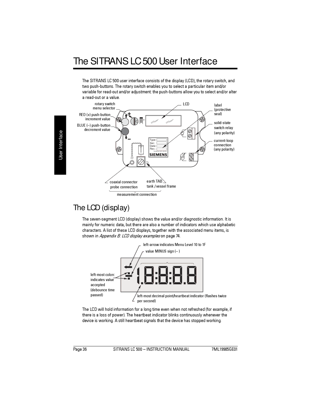 Siemens instruction manual Sitrans LC 500 User Interface, LCD display 