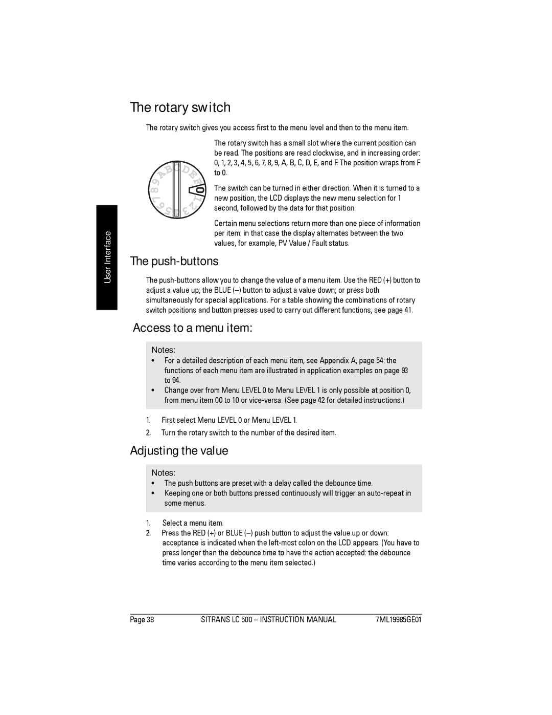 Siemens LC 500, Sitrans instruction manual Rotary switch, Push-buttons, Access to a menu item, Adjusting the value 