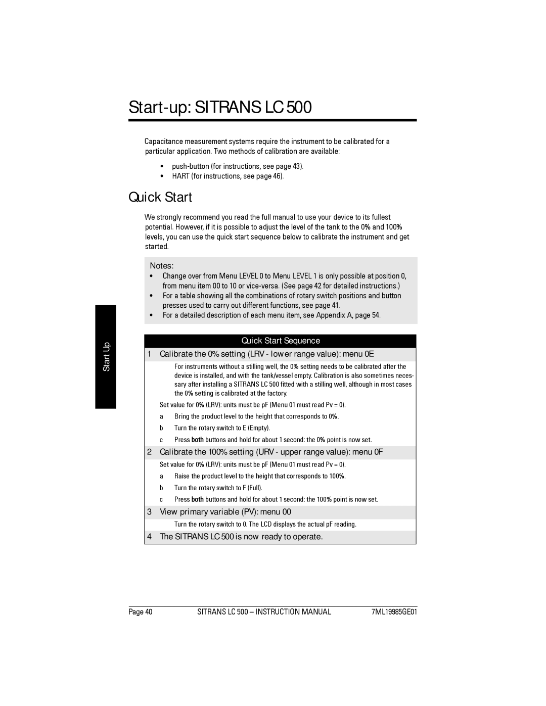 Siemens LC 500 instruction manual Start-up Sitrans LC, Start Up, Quick Start Sequence 