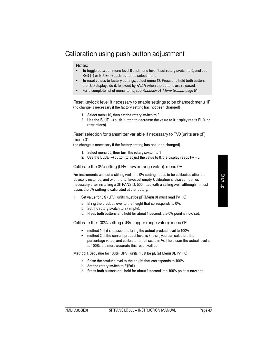 Siemens Sitrans, LC 500 Calibration using push-button adjustment, Calibrate the 0% setting LRV lower range value menu 0E 