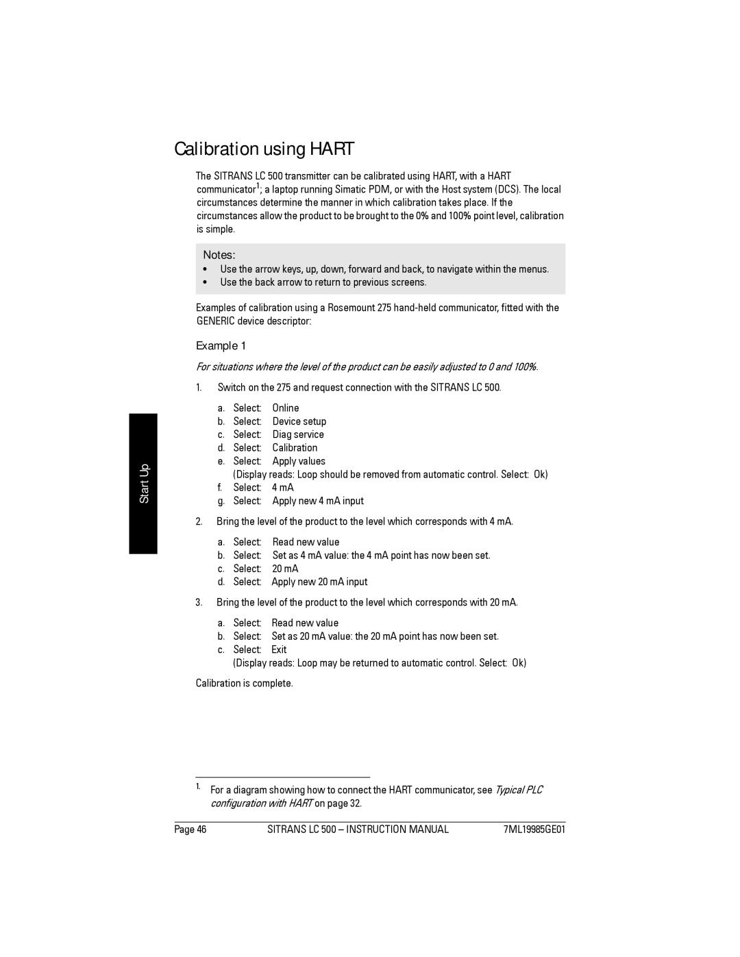 Siemens LC 500, Sitrans instruction manual Calibration using Hart, Example 