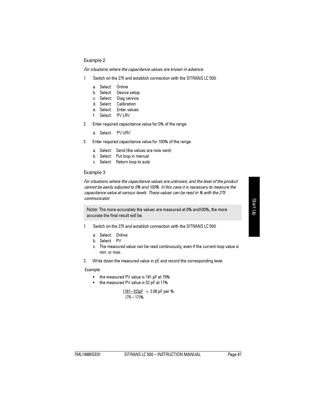 Siemens Sitrans, LC 500 instruction manual Start Up 