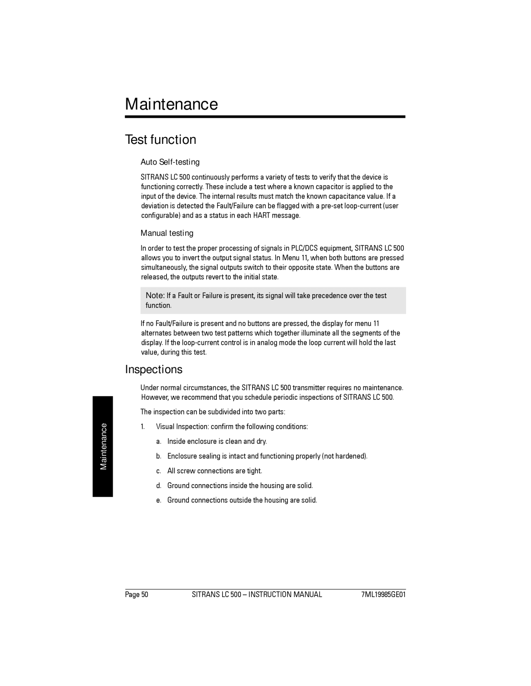 Siemens LC 500, Sitrans instruction manual Maintenance, Test function, Inspections 