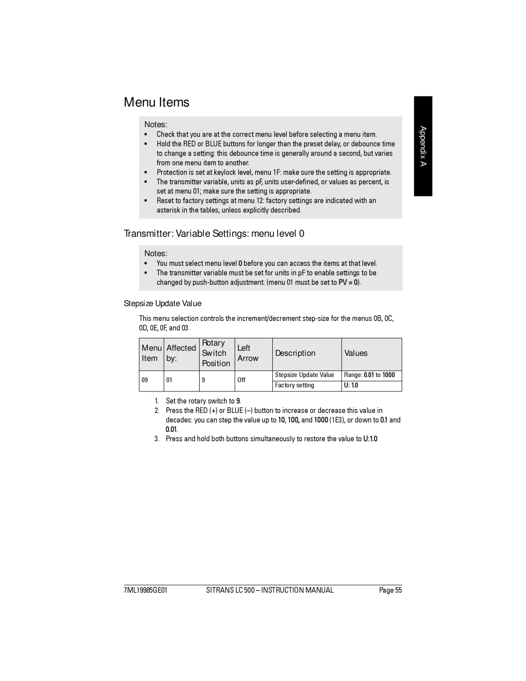 Siemens Sitrans, LC 500 Menu Items, Transmitter Variable Settings menu level, Stepsize Update Value, Menu Affected 