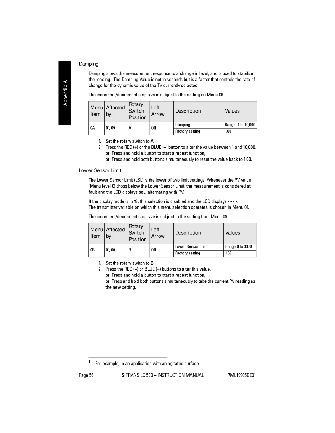 Siemens LC 500, Sitrans instruction manual Damping, Lower Sensor Limit, Set the rotary switch to B 