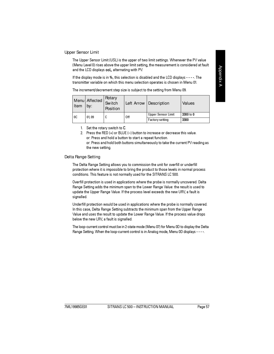 Siemens Sitrans, LC 500 Upper Sensor Limit, Rotary Switch, Description Values Position, Delta Range Setting, Left Arrow 