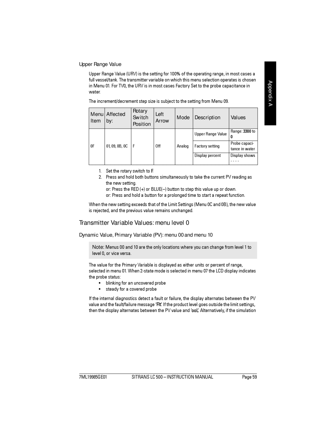 Siemens Sitrans, LC 500 instruction manual Transmitter Variable Values menu level, Upper Range Value 