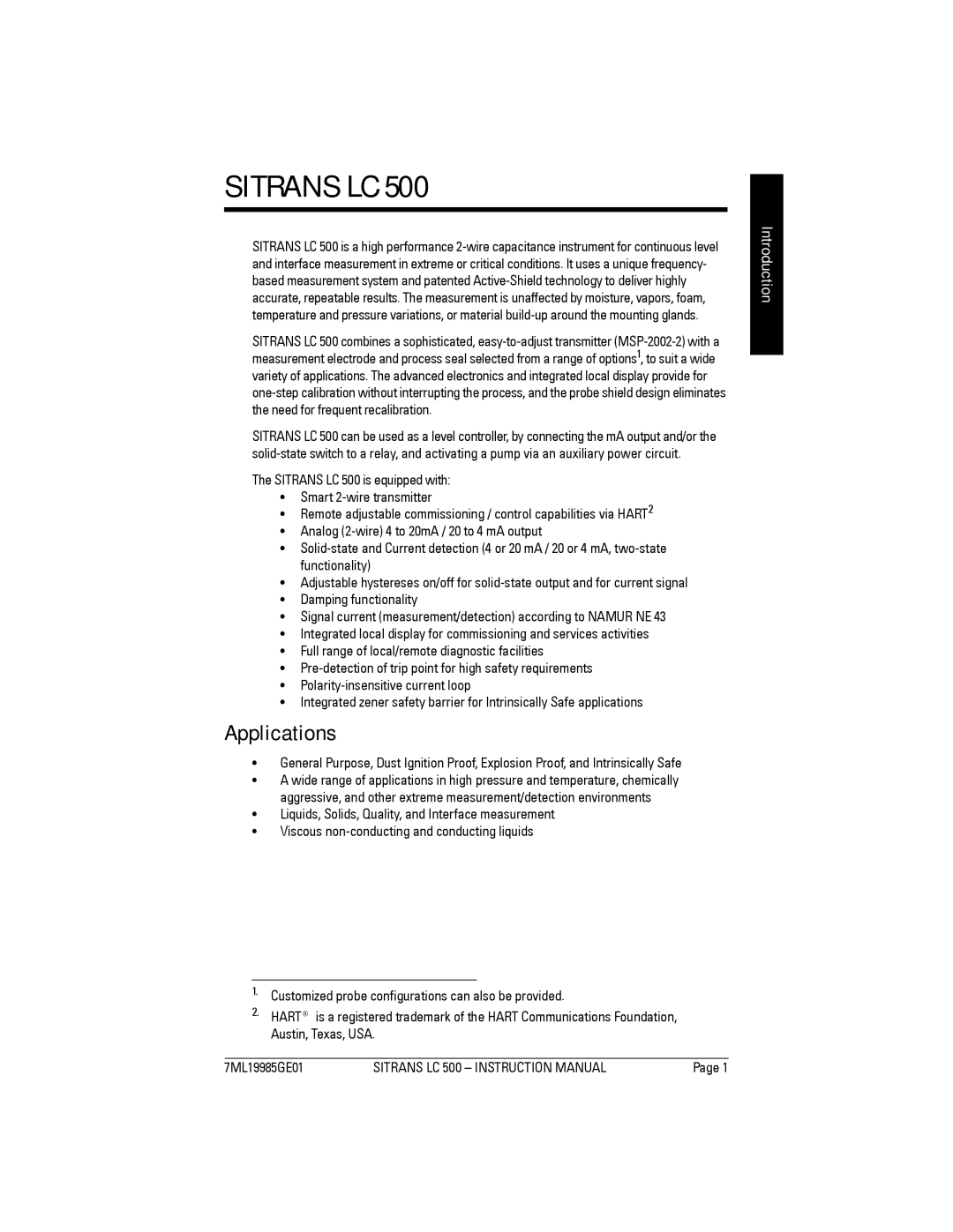 Siemens Sitrans, LC 500 instruction manual Applications, Introduction 