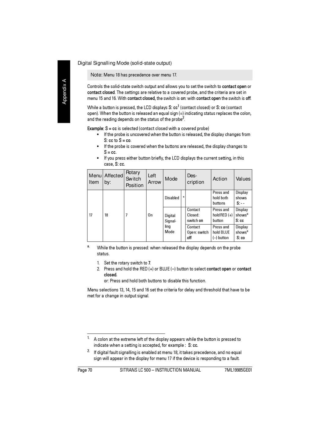 Siemens LC 500 Digital Signalling Mode solid-state output, Rotary Left Des Switch Arrow Mode Cription Action, = cc 