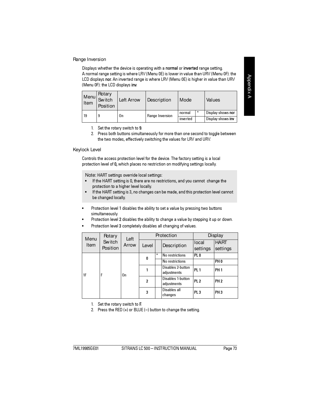 Siemens Sitrans Range Inversion, Rotary Switch Left Arrow Description Mode Values Position, Keylock Level, Settings 