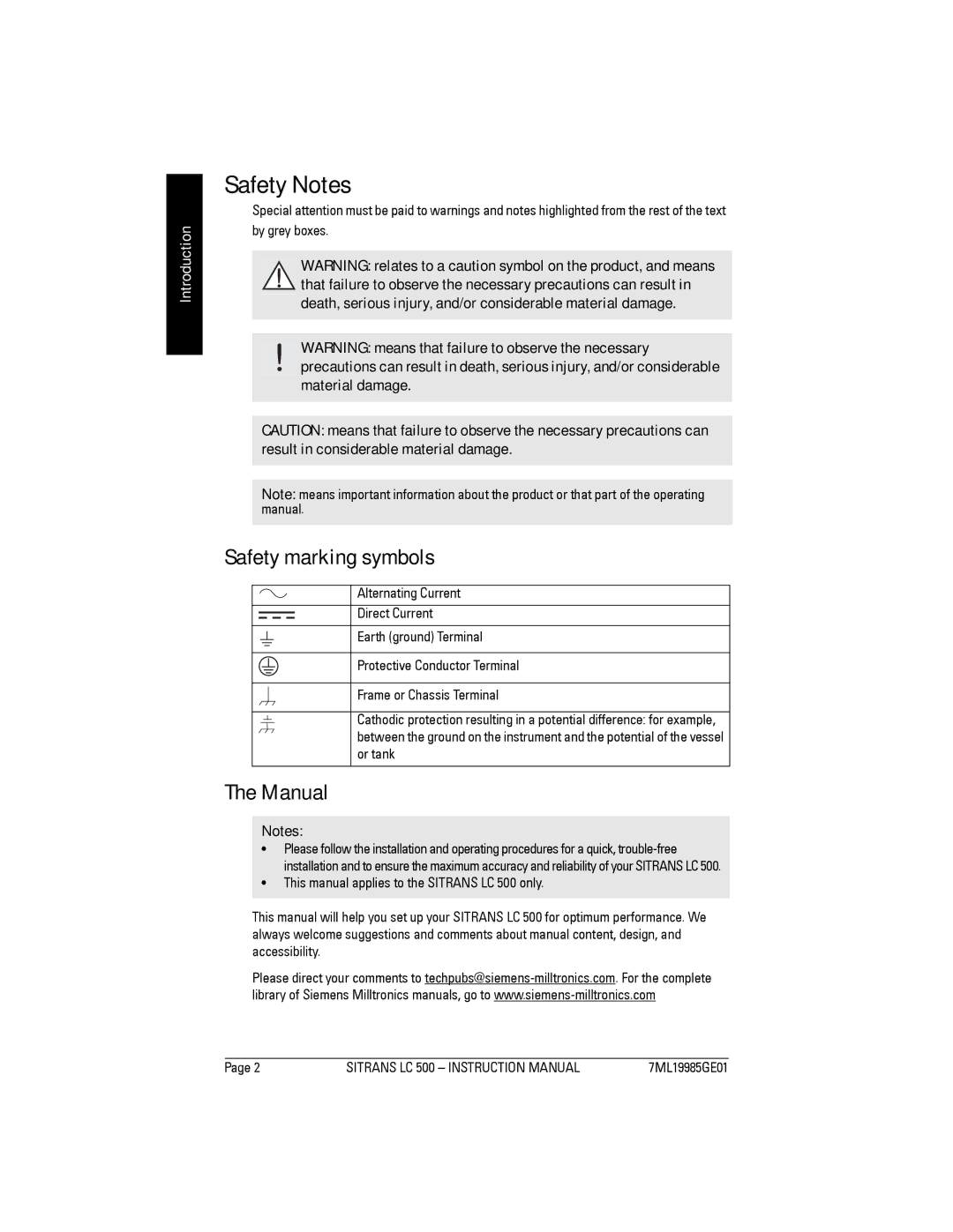 Siemens LC 500, Sitrans instruction manual Safety Notes, Safety marking symbols, Manual 