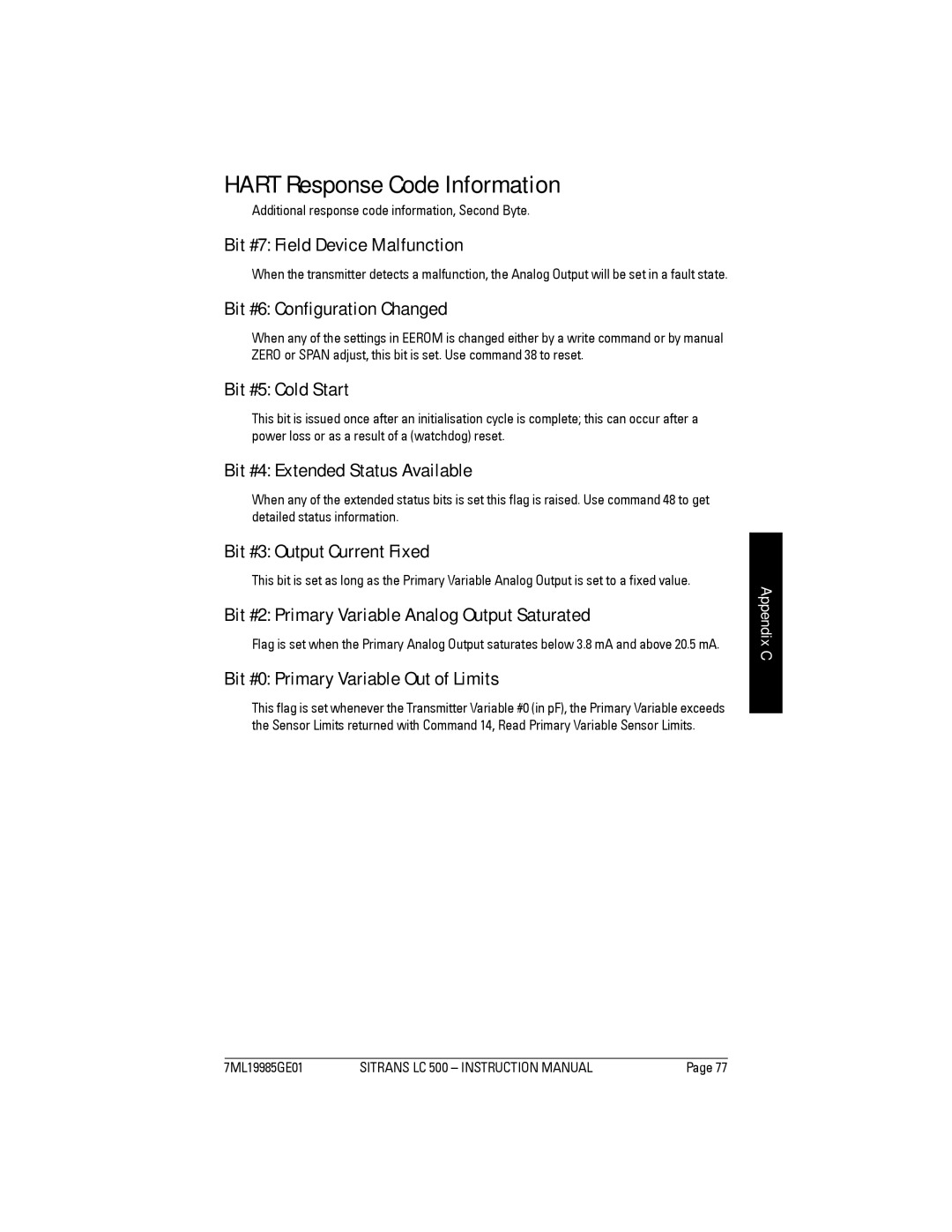 Siemens Sitrans, LC 500 instruction manual Hart Response Code Information 