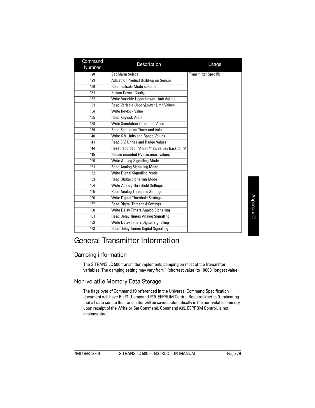 Siemens Sitrans, LC 500 General Transmitter Information, Damping information, Non-volatile Memory Data Storage 