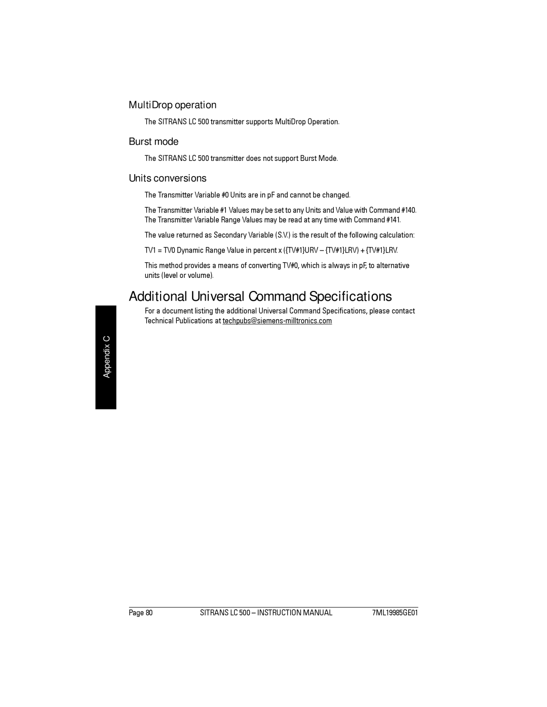 Siemens LC 500, Sitrans Additional Universal Command Specifications, MultiDrop operation, Burst mode, Units conversions 