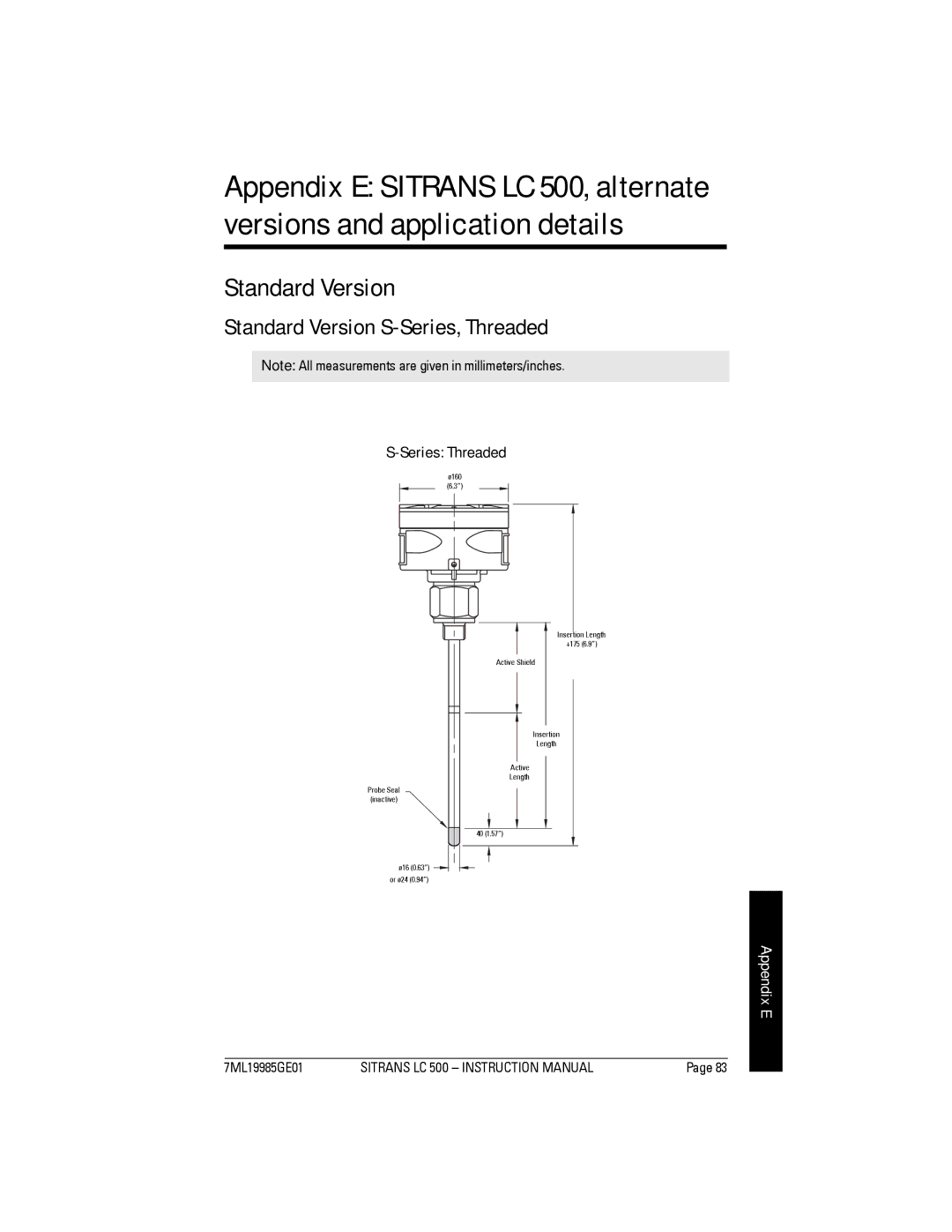 Siemens Sitrans, LC 500 instruction manual Standard Version S-Series, Threaded, Series Threaded, Appendix E 