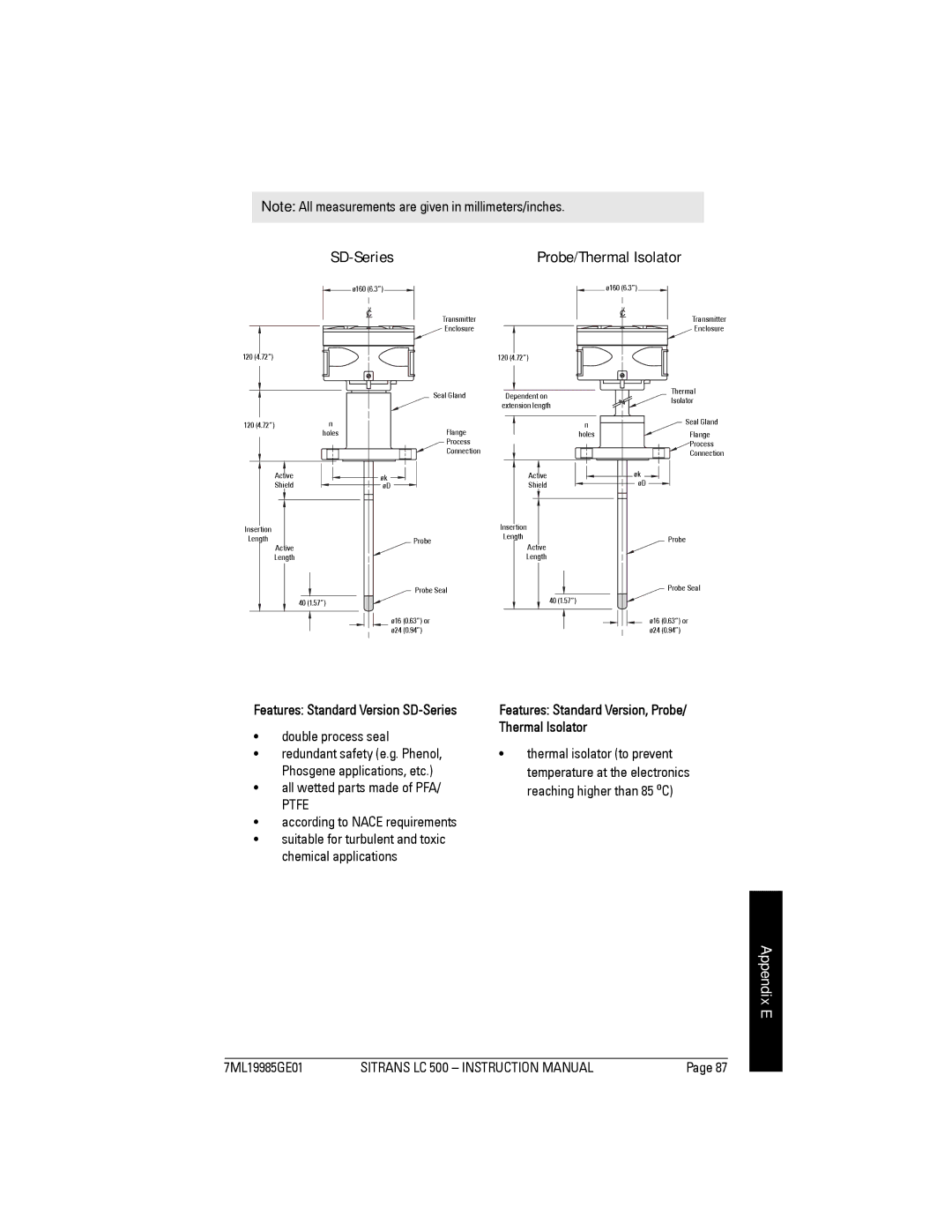 Siemens Sitrans, LC 500 SD-Series Probe/Thermal Isolator, All wetted parts made of PFA, Thermal isolator to prevent 