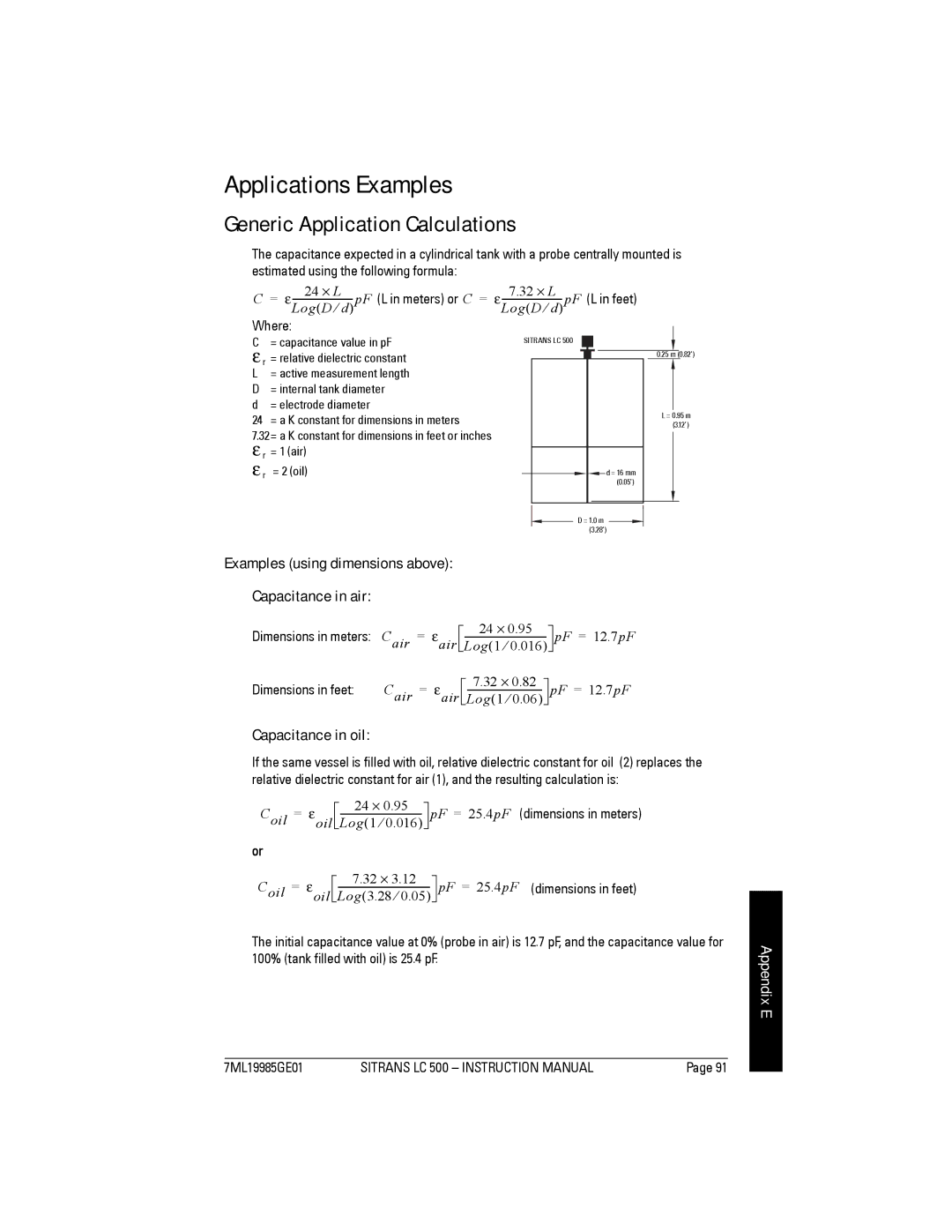 Siemens Sitrans, LC 500 Applications Examples, Generic Application Calculations, Capacitance in oil, Where 