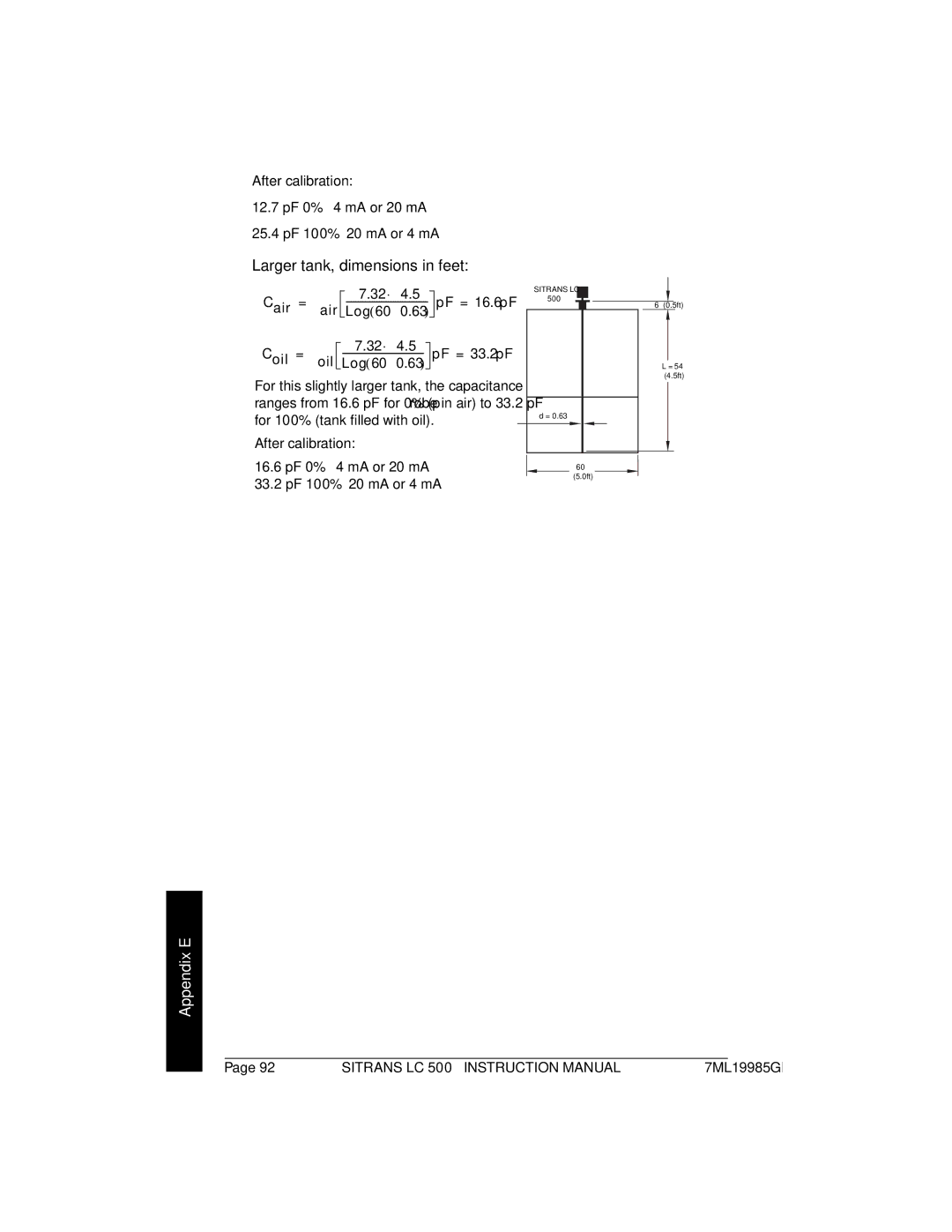 Siemens LC 500, Sitrans instruction manual Larger tank, dimensions in feet, PF = 33.2 pF 