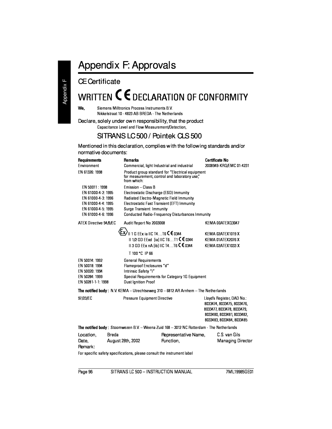 Siemens Appendix F Approvals, CE Certificate, SITRANS LC 500 / Pointek CLS, Written Declaration Of Conformity, Location 
