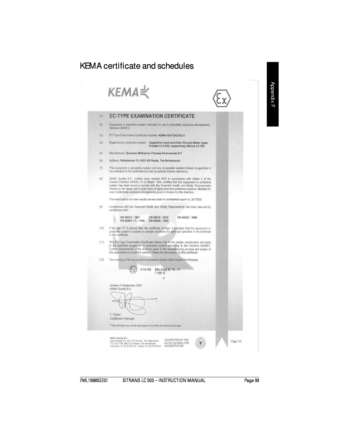 Siemens Sitrans, LC 500 instruction manual KEMA certificate and schedules, Appendix F, Page 