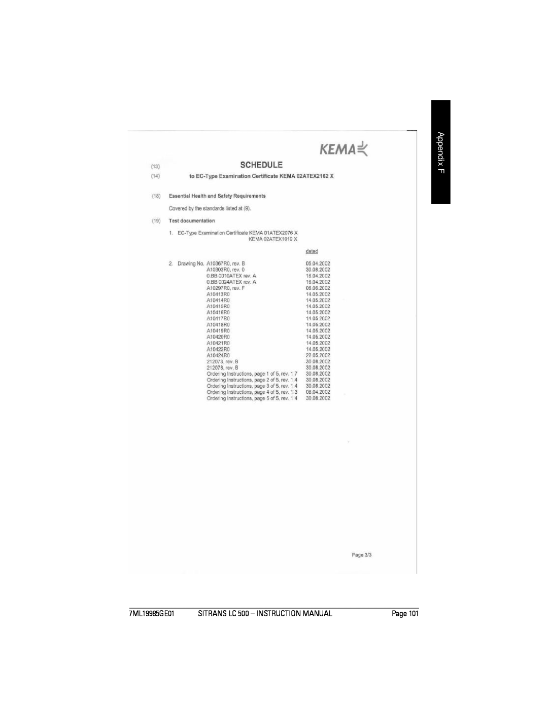 Siemens Sitrans instruction manual Appendix F, 7ML19985GE01, SITRANS LC 500 - INSTRUCTION MANUAL, Page 