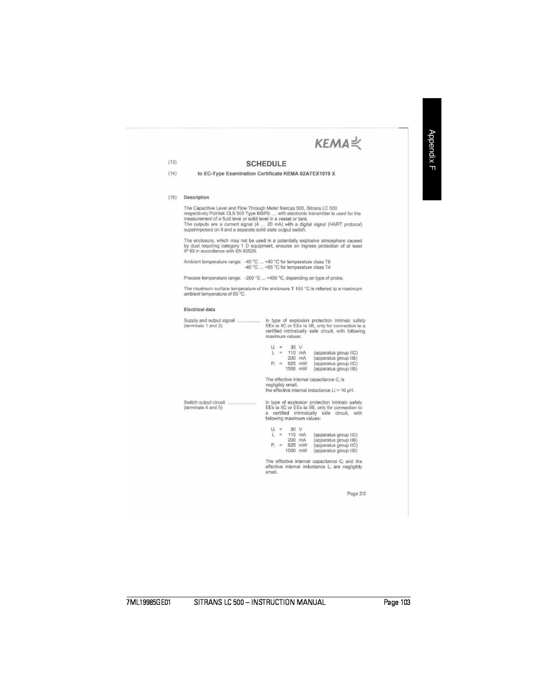 Siemens Sitrans instruction manual Appendix F, 7ML19985GE01, SITRANS LC 500 - INSTRUCTION MANUAL, Page 