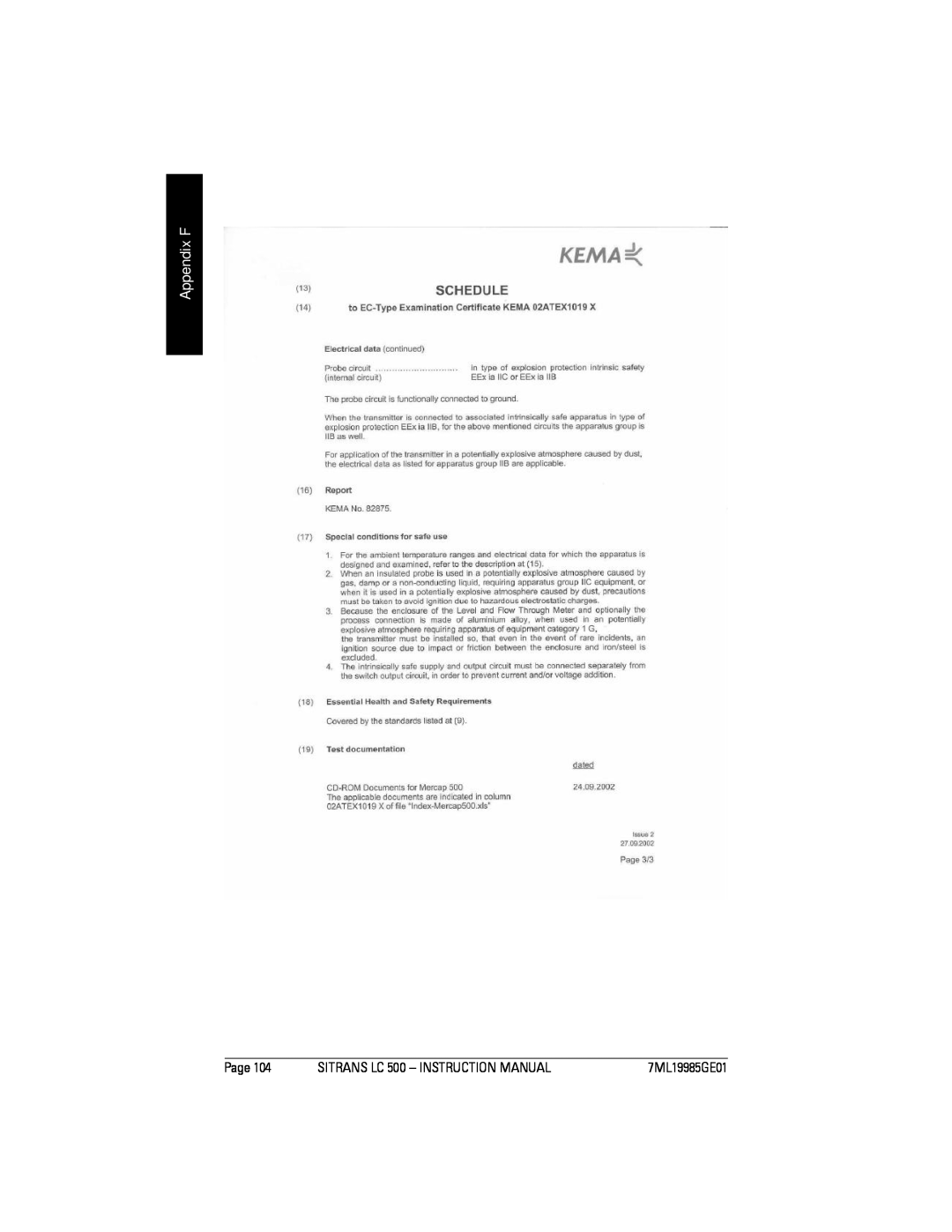 Siemens Sitrans instruction manual Appendix F, Page, SITRANS LC 500 - INSTRUCTION MANUAL, 7ML19985GE01 