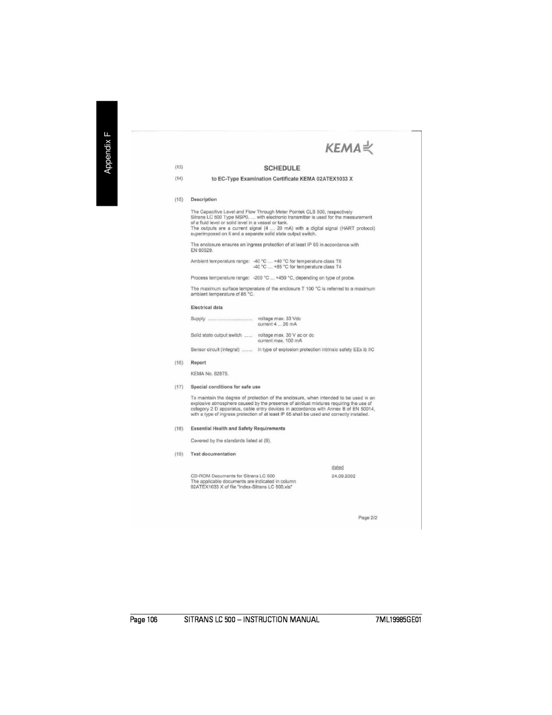 Siemens Sitrans instruction manual Appendix F, Page, SITRANS LC 500 - INSTRUCTION MANUAL, 7ML19985GE01 