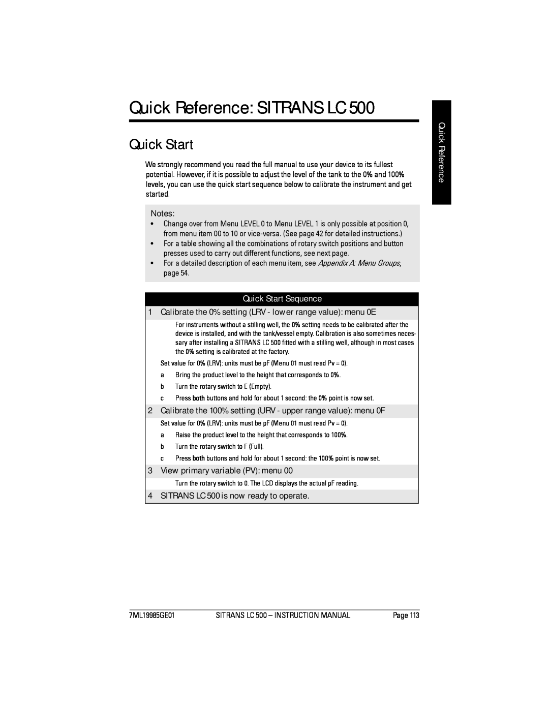 Siemens Sitrans, LC 500 instruction manual Quick Reference SITRANS LC, Quick Start Sequence 