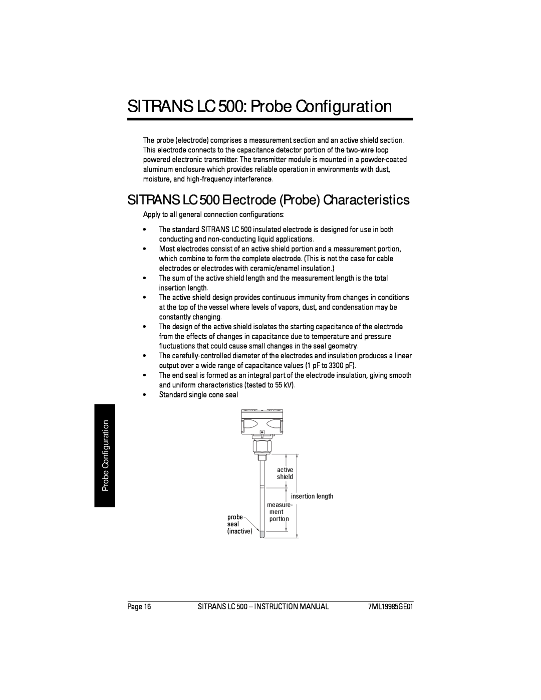 Siemens Sitrans instruction manual SITRANS LC 500 Probe Configuration, SITRANS LC 500 Electrode Probe Characteristics 