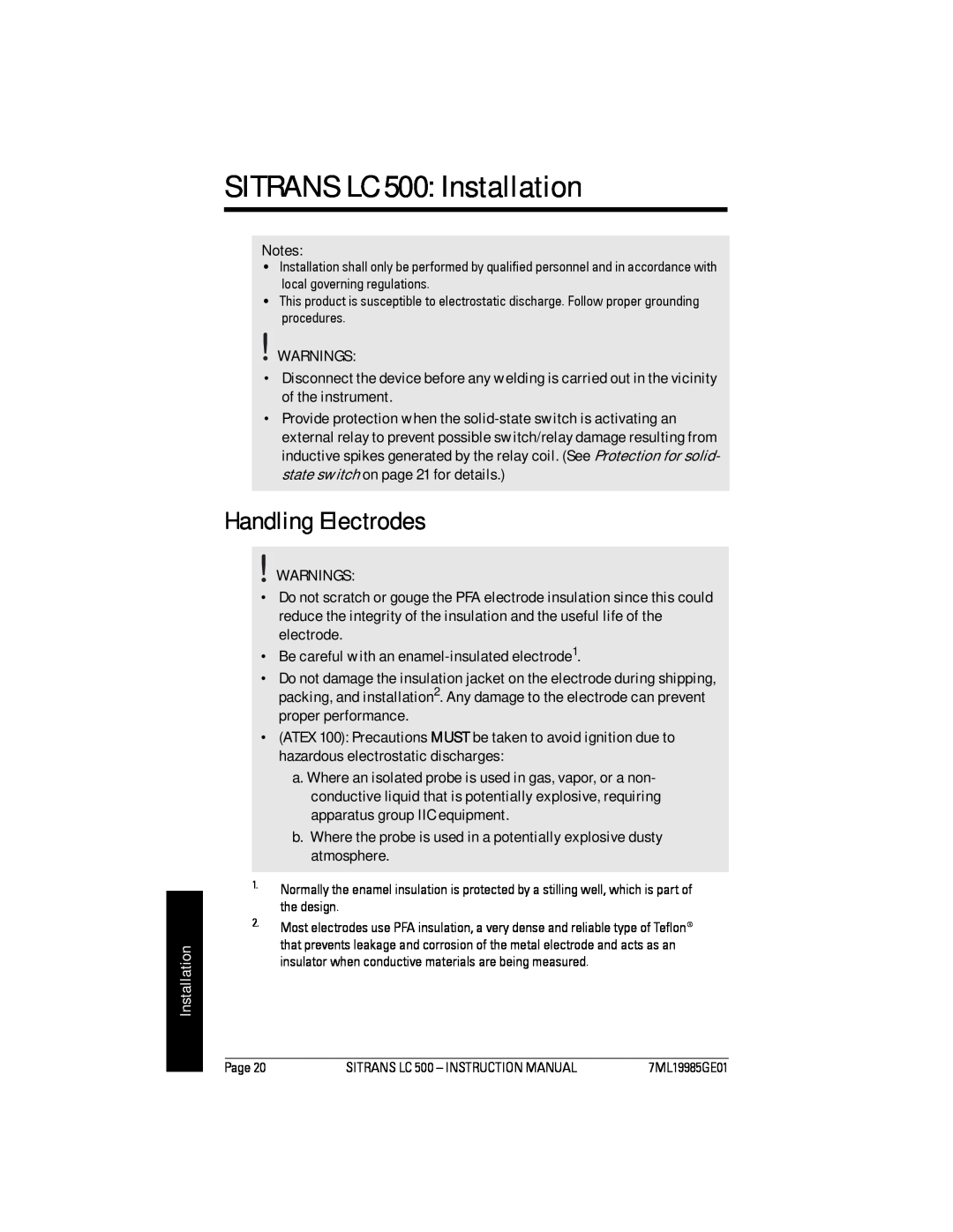 Siemens Sitrans instruction manual SITRANS LC 500 Installation, Handling Electrodes 
