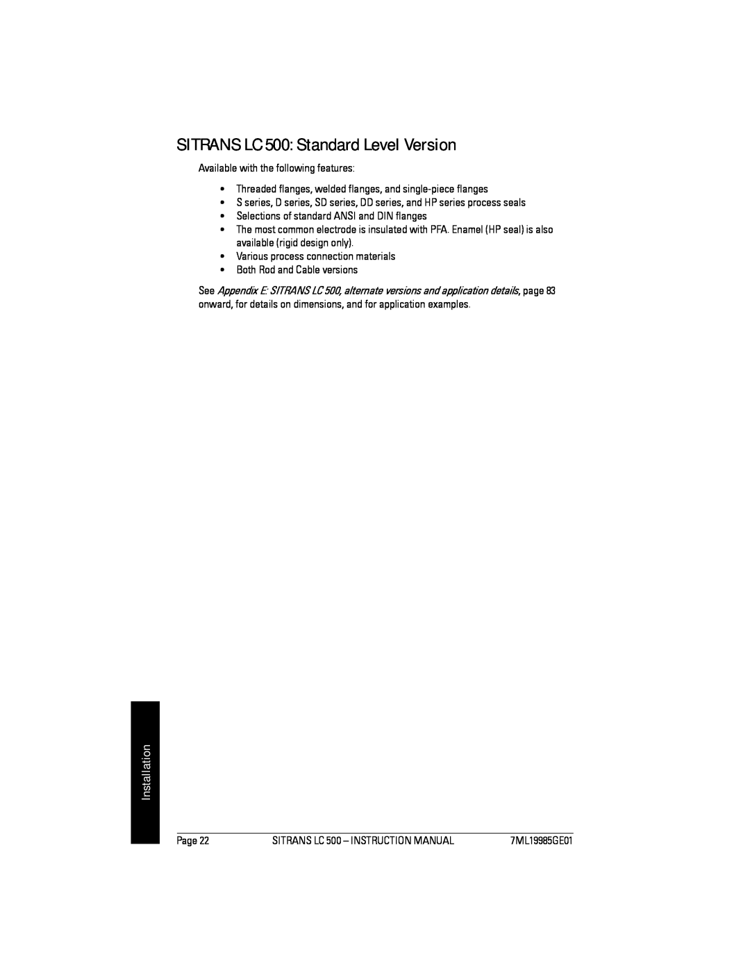 Siemens Sitrans instruction manual SITRANS LC 500 Standard Level Version, Installation 
