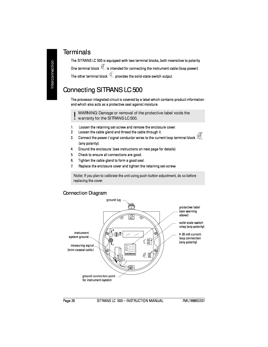 Siemens LC 500, Sitrans instruction manual Terminals, Connecting SITRANS LC, Connection Diagram, Interconnection 